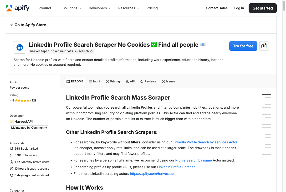 LinkedIn Profile Search Scraper on Apify — 4.8 stars, 8.3K users