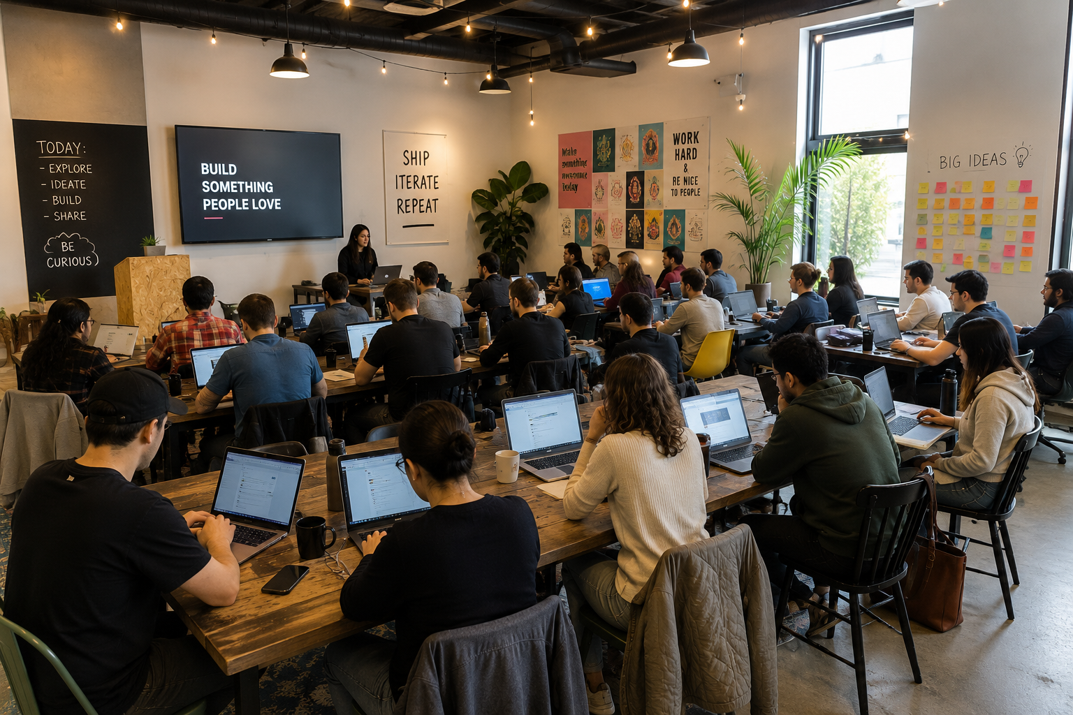 SoloStack in-person workshop — attendees building their businesses live in a coworking space